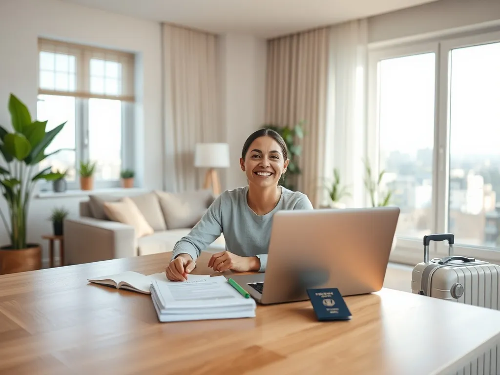 Osoba po powrocie z zagranicy przy stole z laptopem, dokumentami i paszportem, przygotowująca wniosek o zasiłek