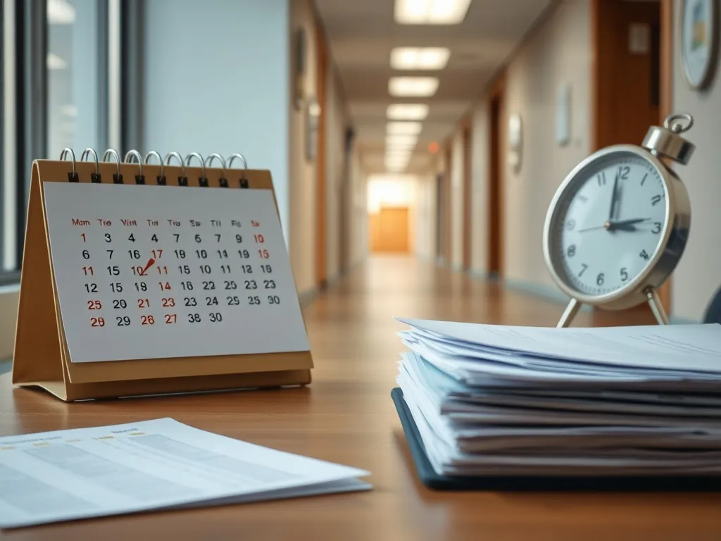 Dokumenty na biurku, kalendarz z zaznaczonymi dniami i zegar symbolizujący czas oczekiwania na decyzję o zasiłek.
