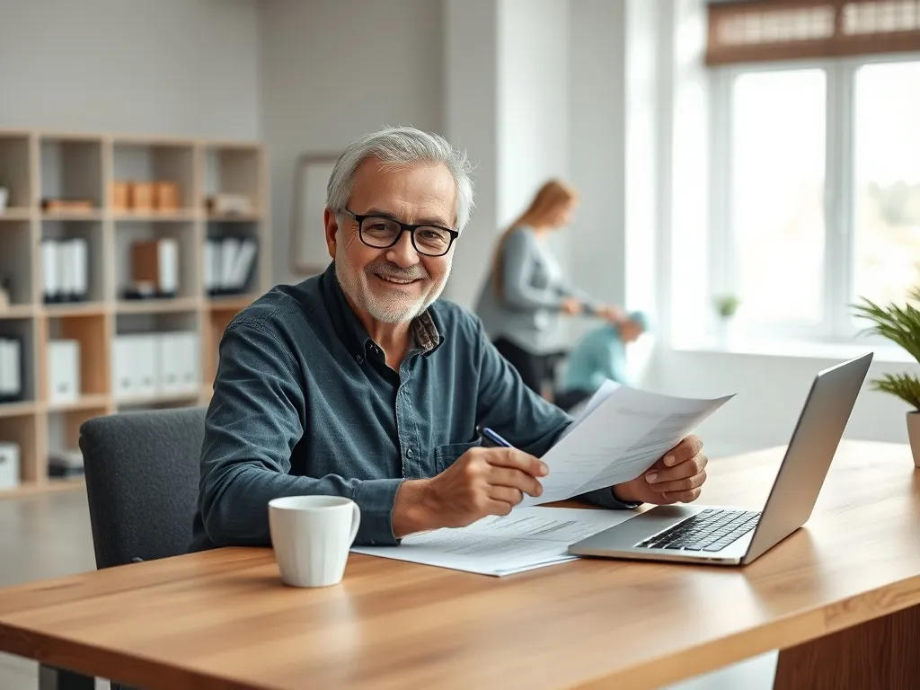 Doświadczona osoba po 50. analizuje dokumenty przy biurku, przygotowując wniosek o dotację na rozpoczęcie pracy