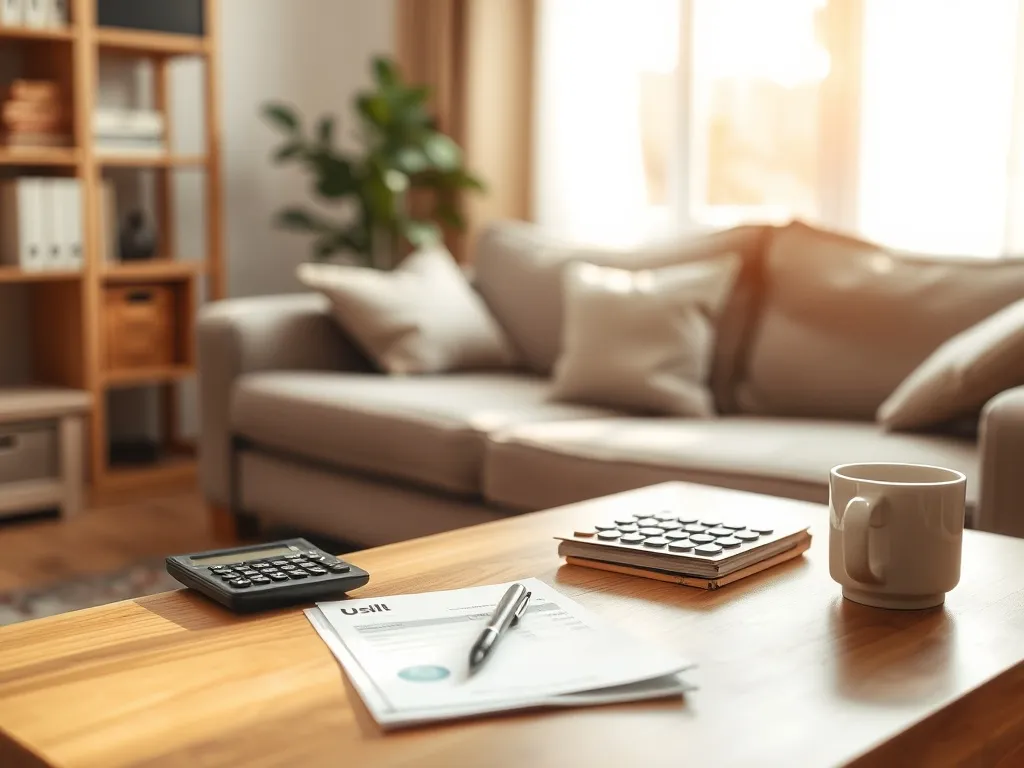 Stół z rachunkami, kalkulatorem i kawą w przytulnym mieszkaniu, podkreślający domowe wydatki przy dodatku mieszkaniowym.