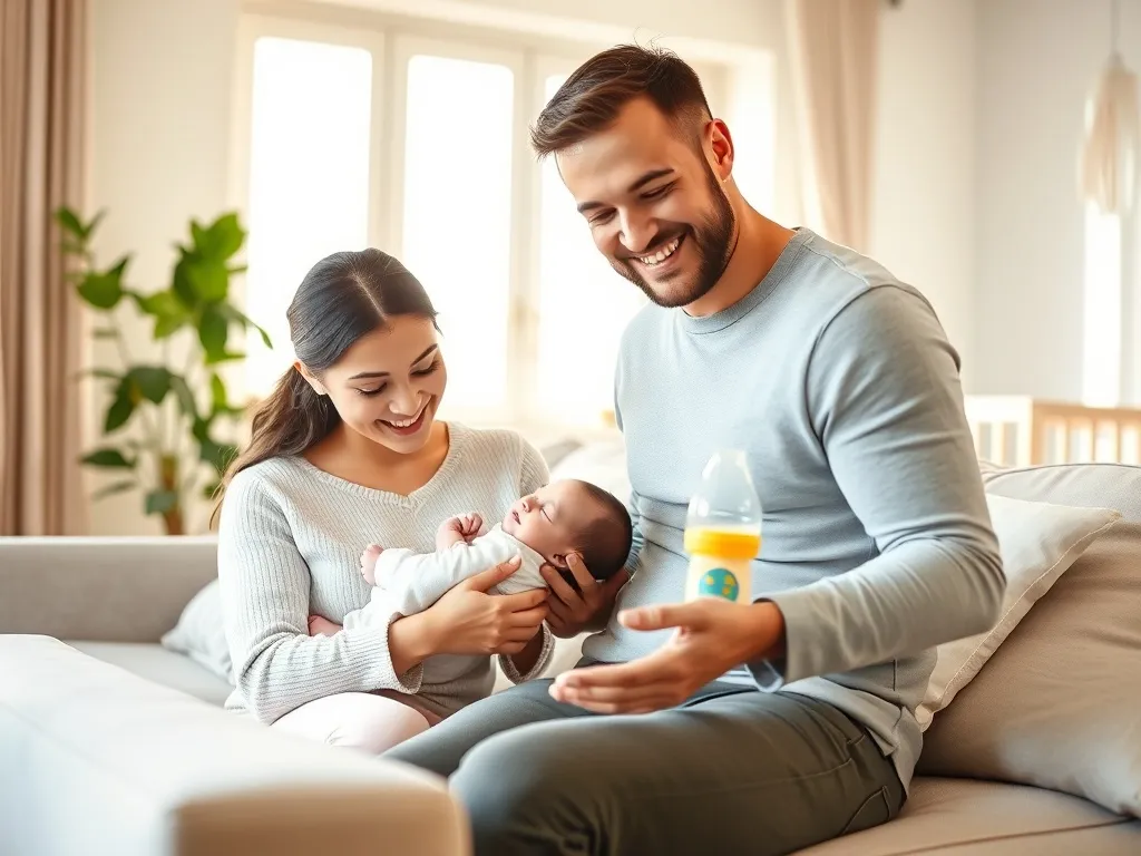 Młodzi rodzice opiekują się noworodkiem w przytulnym salonie, ilustrując wspólne korzystanie z urlopu macierzyńskiego i ojcowskiego.