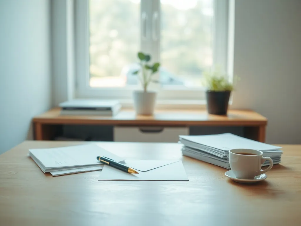 Porządek na biurku z dokumentami i kopertą, symbolizujący składanie wniosku o zasiłek celowy z MOPS.