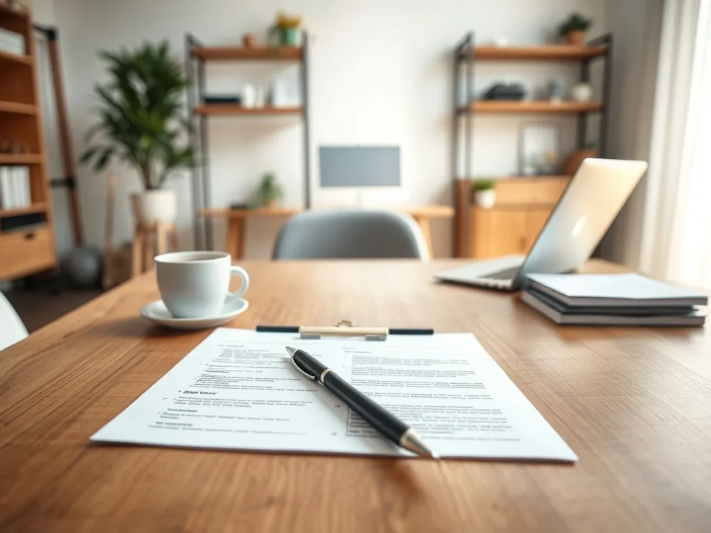 Biurko z wnioskiem ZUS, długopisem i dokumentami w domowym biurze, podkreślające porządek przy wypełnianiu formularza.