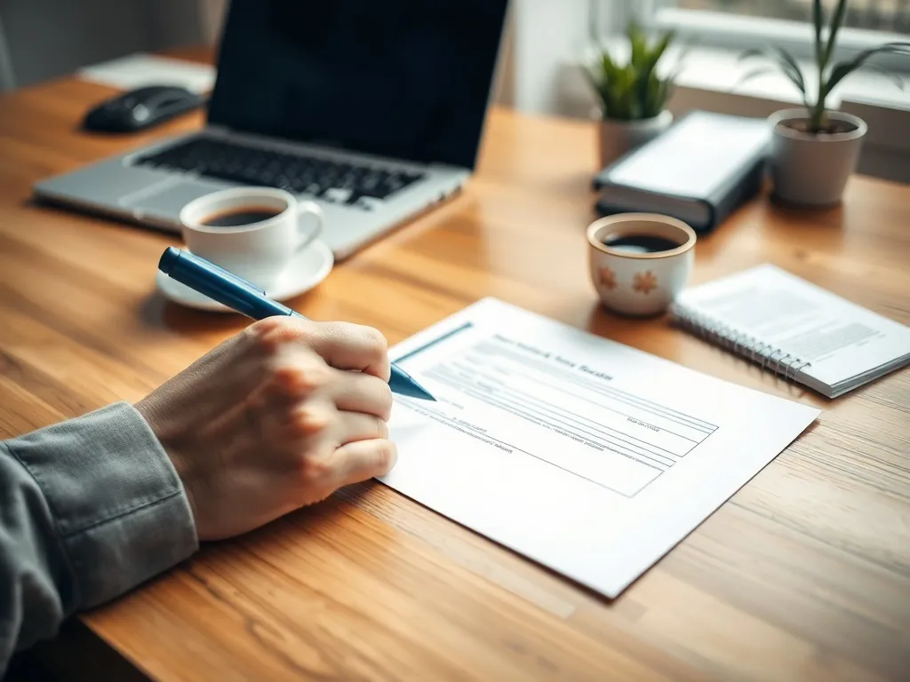 Osoba spokojnie wypełnia urzędowy formularz przy biurku, obok dokumenty i laptop w uporządkowanym otoczeniu.