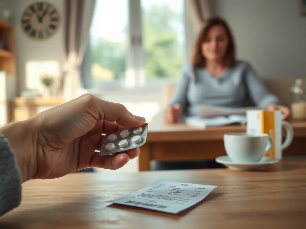Dłoń trzyma paragon i blister tabletek na drewnianym stole, w tle osoba przy lekach, podkreślając koszty terapii.