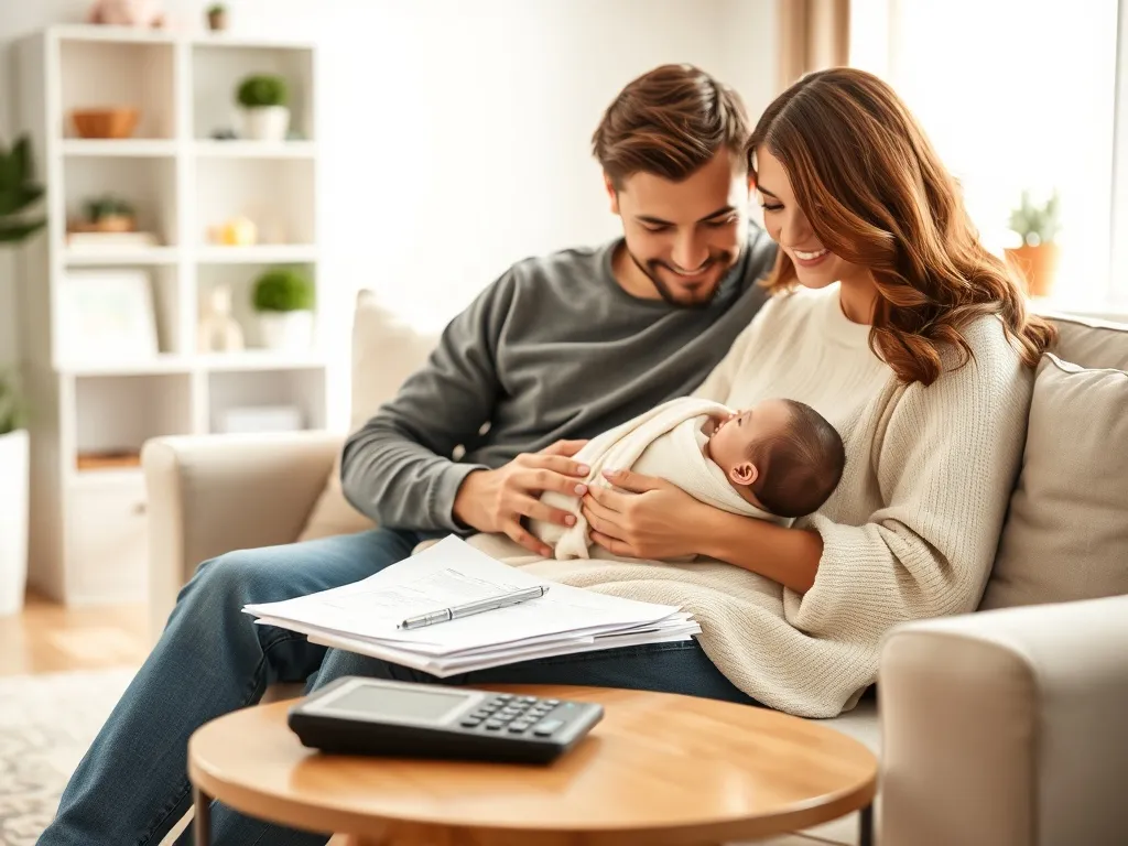 Młodzi rodzice z noworodkiem na kanapie, na stoliku dokumenty i kalkulator, symboliczne planowanie dodatku po urodzeniu dziecka.