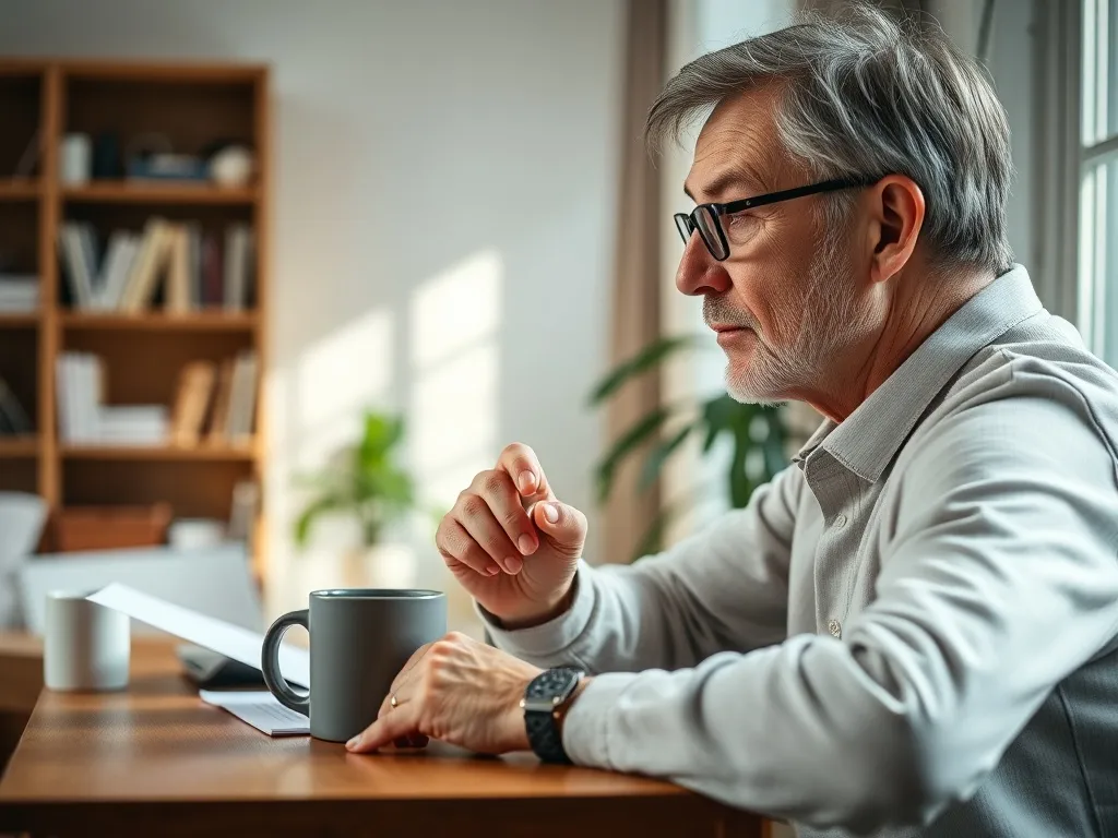 Osoba po 50. roku życia analizuje dokument przy biurku, zastanawiając się nad prawem do zasiłku dla bezrobotnych.