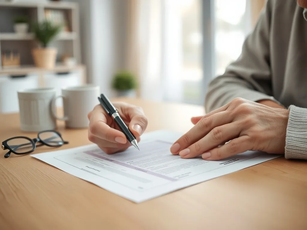 Starsza osoba trzyma starannie wypełniony urzędowy formularz i długopis przy stole, w spokojnym, domowym otoczeniu.