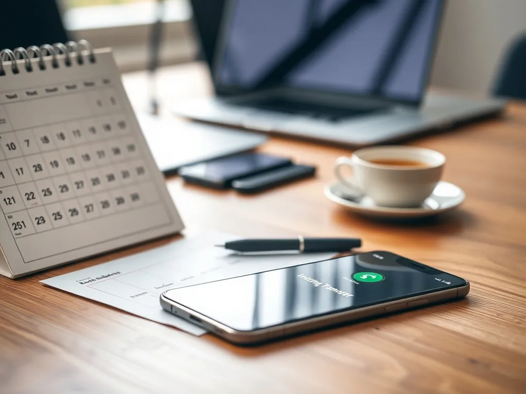 Smartfon z powiadomieniem o przelewie obok kalendarza na biurku, symbol oczekiwania na wypłatę świadczenia z ZUS.