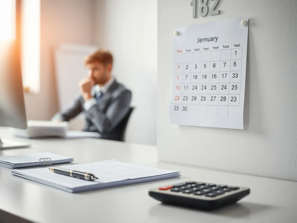 Kalendarz z zaznaczonymi 182 i 33 dniami na biurku w biurze, akcentuje liczenie okresu wynagrodzenia chorobowego.