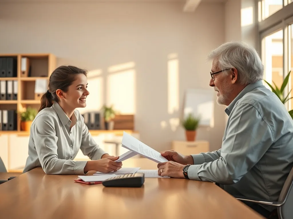 Pracownik socjalny MOPS wyjaśnia dokumenty młodej i starszej osobie, spokojna rozmowa o dostępnych świadczeniach finansowych.