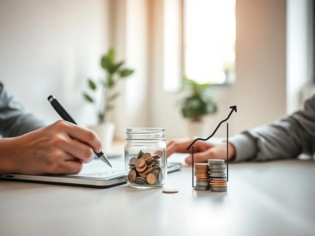 Osoba w biurze wypełnia wniosek przy laptopie, obok słoik z monetami i strzałka w górę symbolizujące dotacje i wsparcie finansowe.