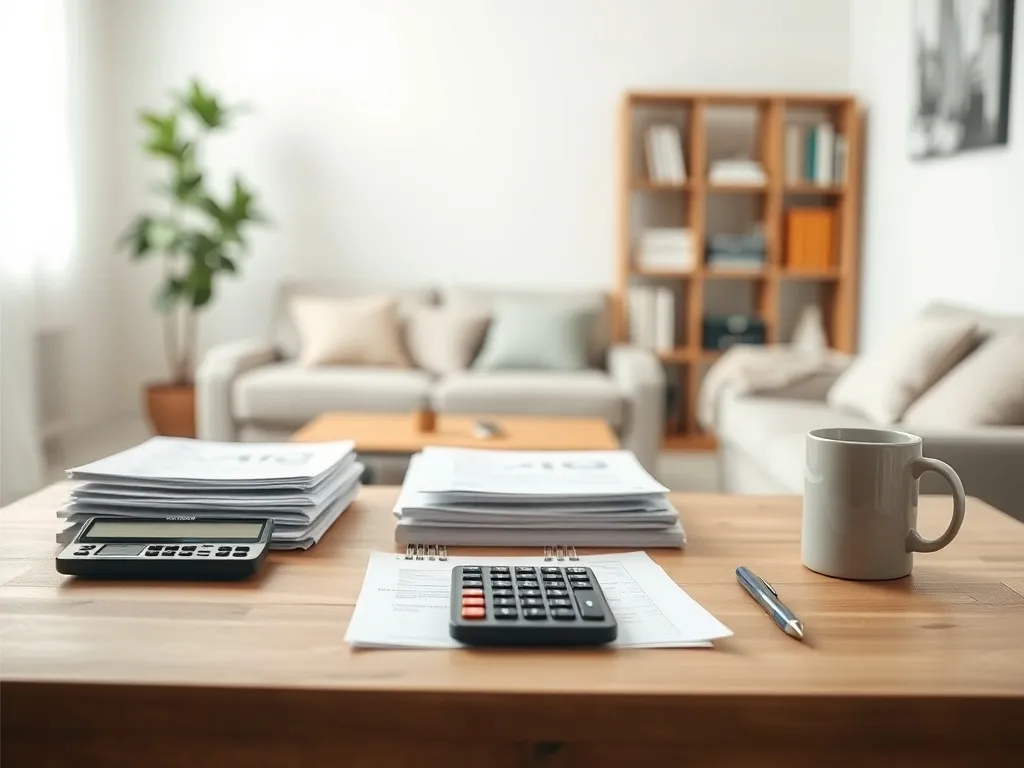 Biurko z dokumentami i kalkulatorem w domowym salonie, symbolizujące decyzje o jednorazowym zasiłku celowym i domowym budżecie.