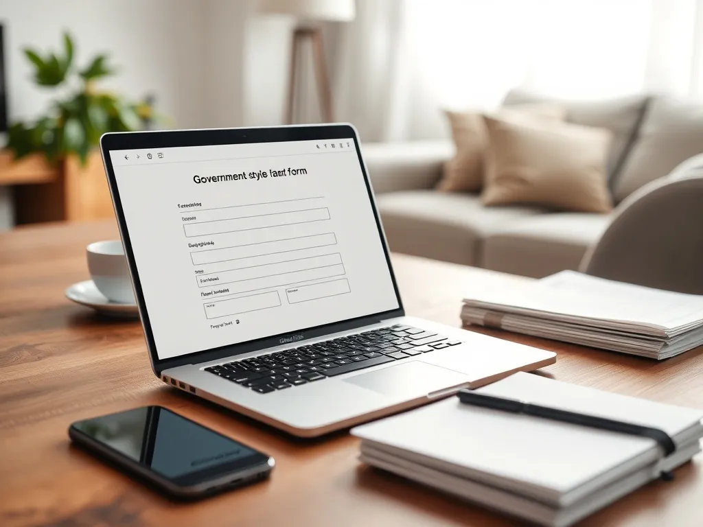 Laptop z otwartym formularzem online ePUAP do zasiłku rodzinnego na biurku w uporządkowanym, domowym wnętrzu.