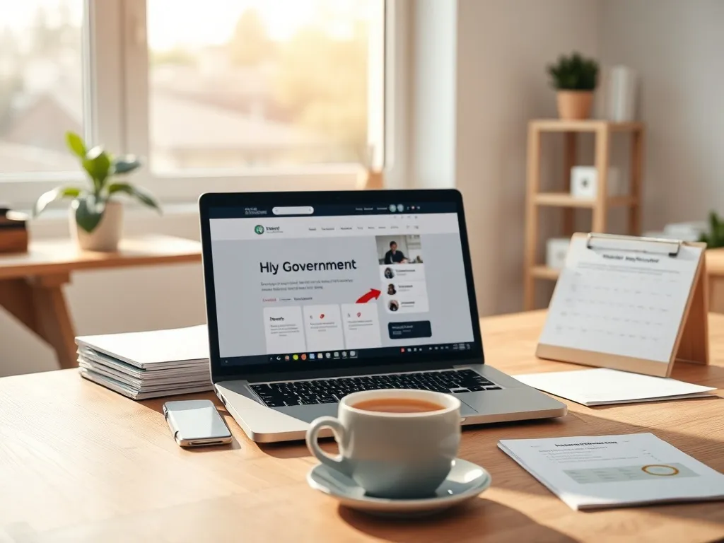 Biurko z laptopem na stronie ZUS, dokumentami i kalendarzem, symbolizujące planowanie wniosku o wakacje od składek