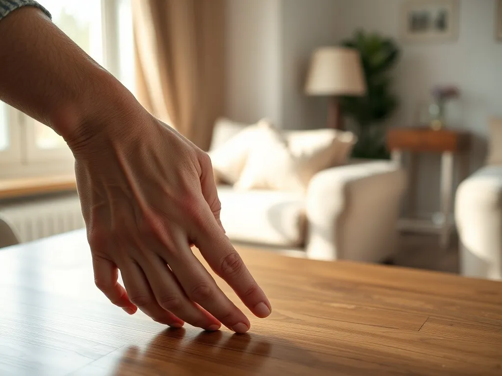 Starsza i młodsza dłoń splecione na stole, symbol wsparcia opiekuna osoby z niepełnosprawnością w domowym otoczeniu.