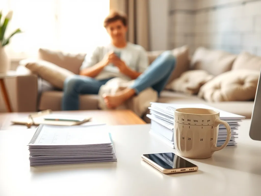 Domowe biuro z dokumentami i kalendarzem na pierwszym planie, w tle chory przedsiębiorca odpoczywający na zwolnieniu.