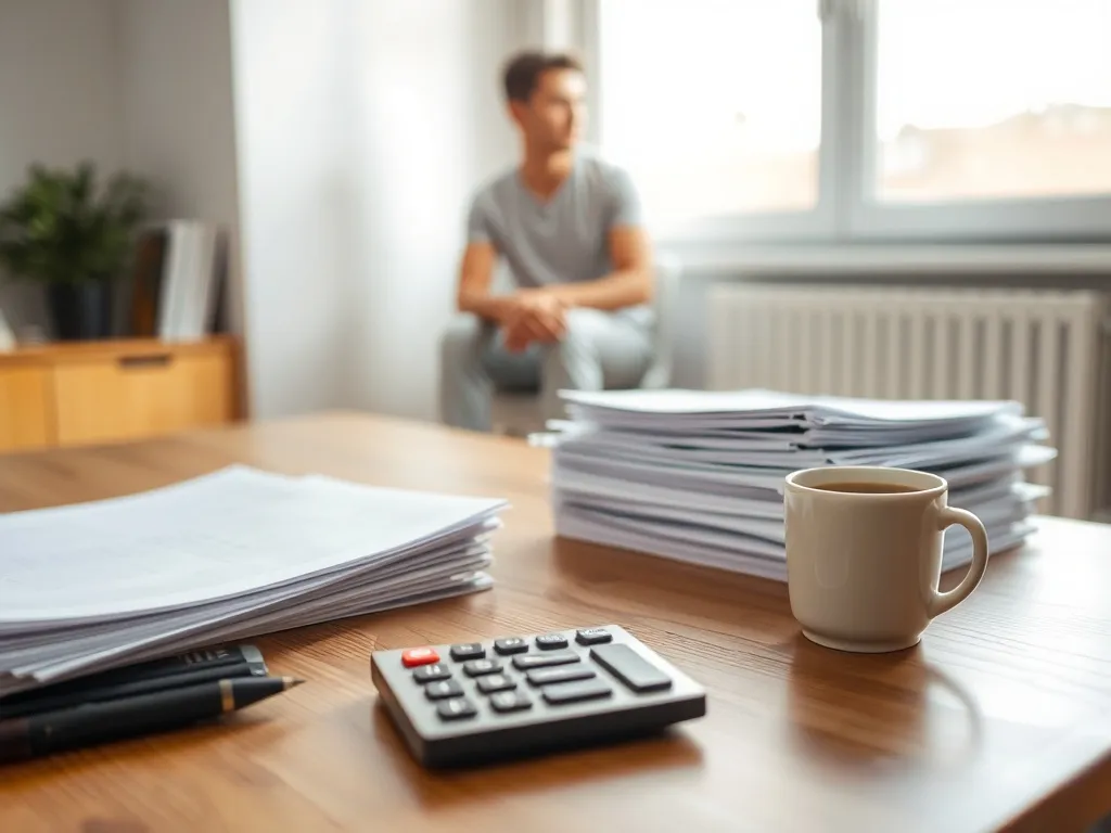 Dokumenty, kalkulator i kawa na biurku, w tle zamyślona osoba przy oknie, rozważająca swoją sytuację finansową.