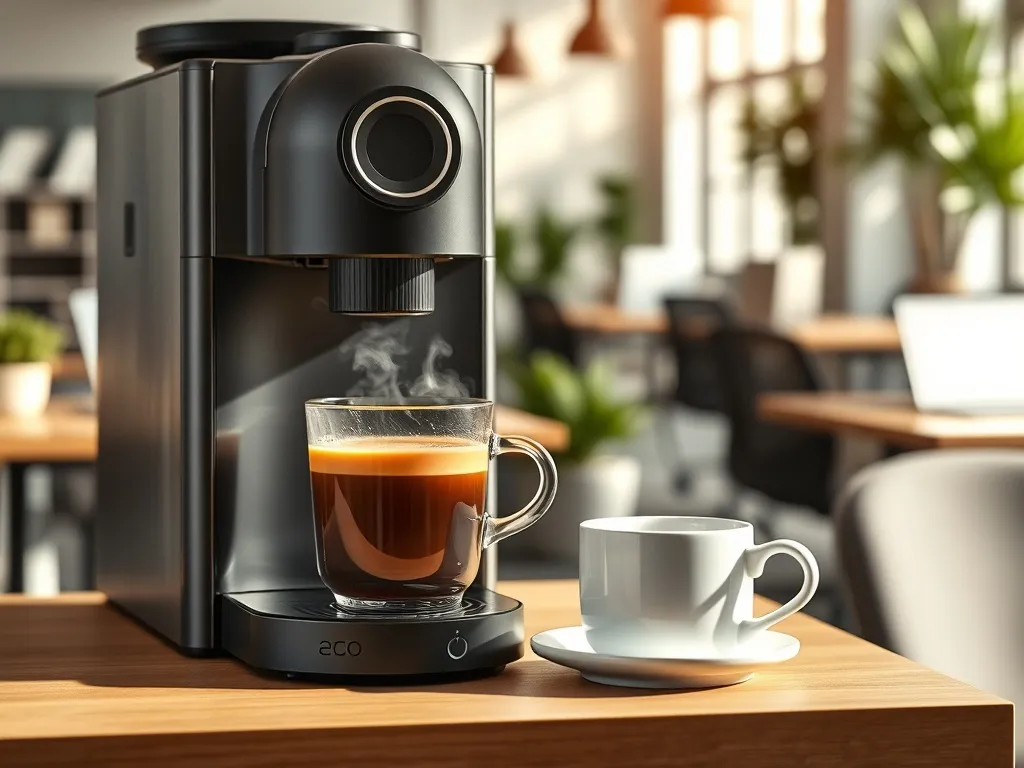 Elegancki automatyczny ekspres do kawy w nowoczesnym biurze, podkreślający wygodę i profesjonalny charakter miejsca pracy.