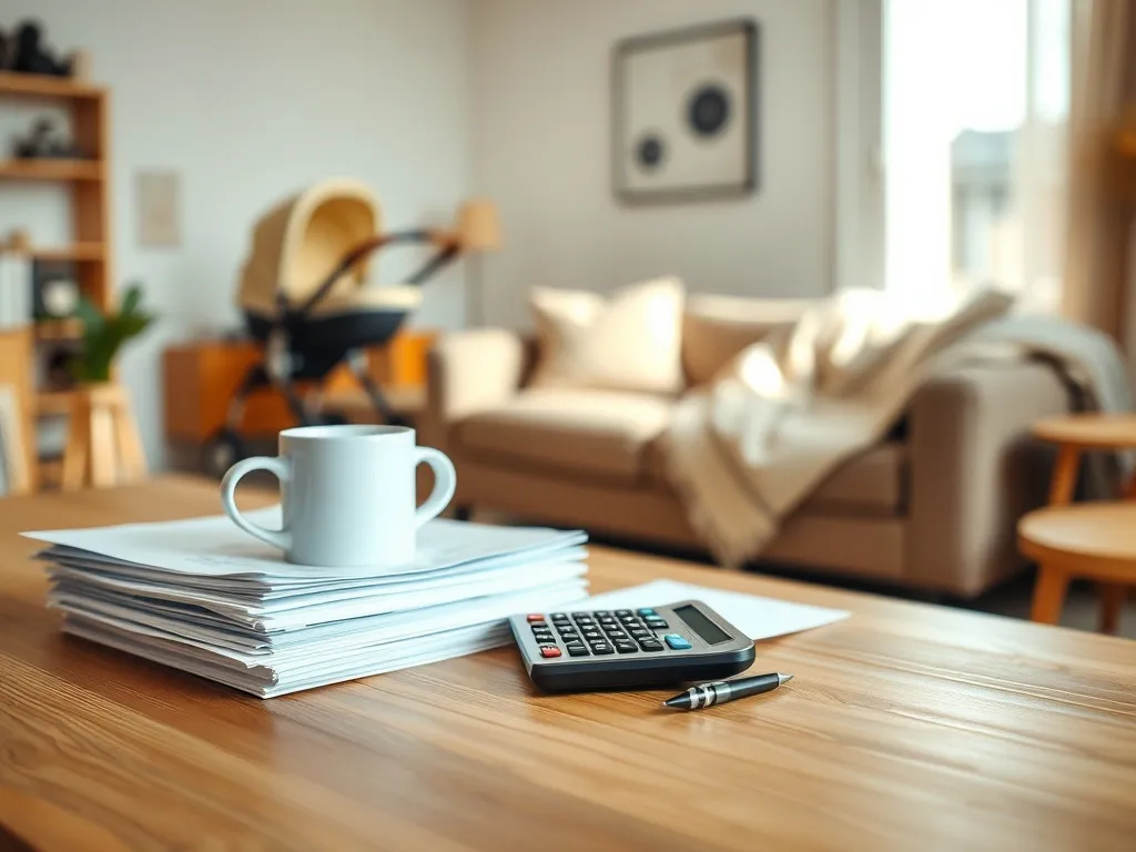 Biurko z dokumentami i kalkulatorem na tle pokoju z wózkiem dziecięcym, symbolizujące domowe planowanie finansów.