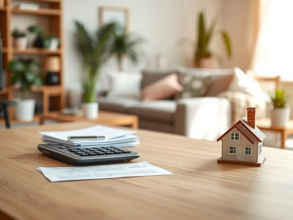 Model domku na biurku z dokumentami i kalkulatorem, symbolizujący rozliczenia podatkowe dodatku mieszkaniowego