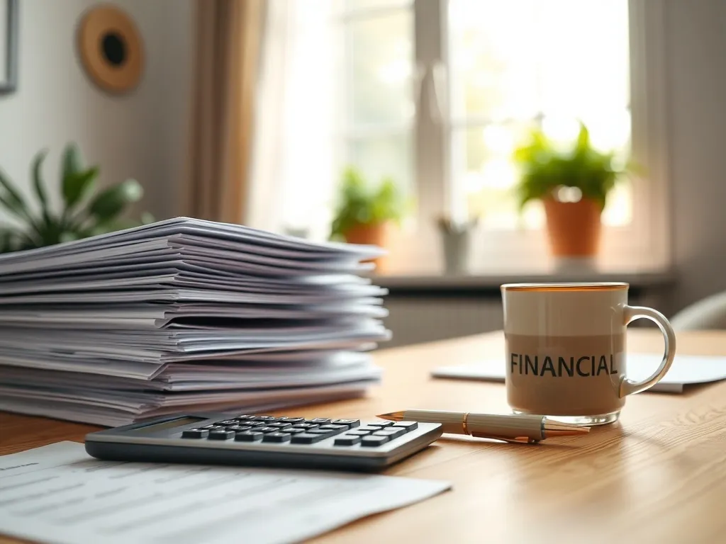 Porządek na biurku z dokumentami, kalkulatorem i kawą, podkreślający spokojne planowanie zasiłku po ustaniu ubezpieczenia.