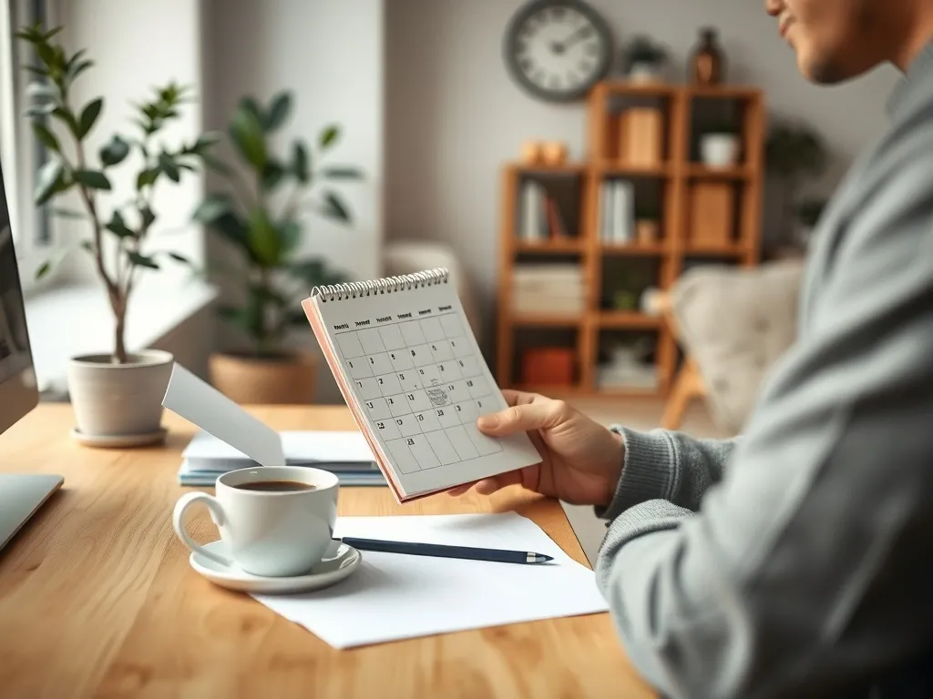 Osoba w domu sprawdza kalendarz i list przy biurku, symbolizując czas trwania zasiłku dla bezrobotnych.