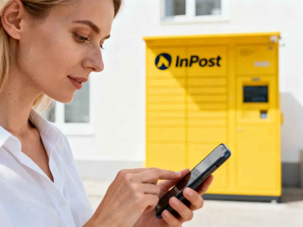 Kobieta płacąca smartfonem w usłudze InPost Pay na tle paczkomatu.