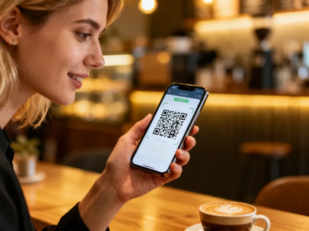 Kobieta skanująca kod QR smartfonem w kawiarni, co ilustruje proces płatności mobilnej za pomocą Visa Mobile.