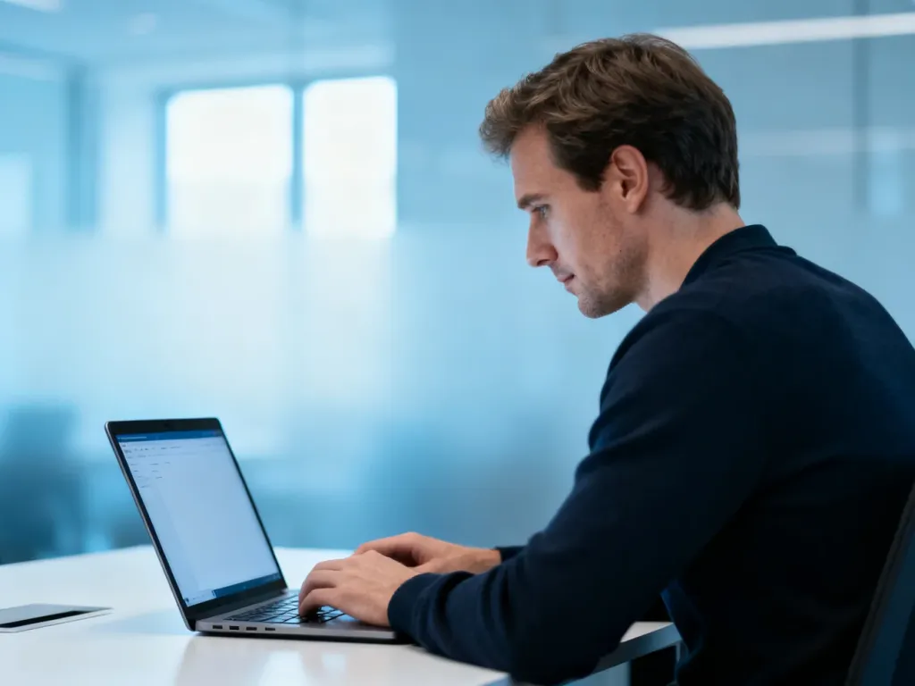 Mężczyzna pracujący przy laptopie w nowoczesnym biurze, ilustrujący proces logowania do aplikacji Microsoft Teams.