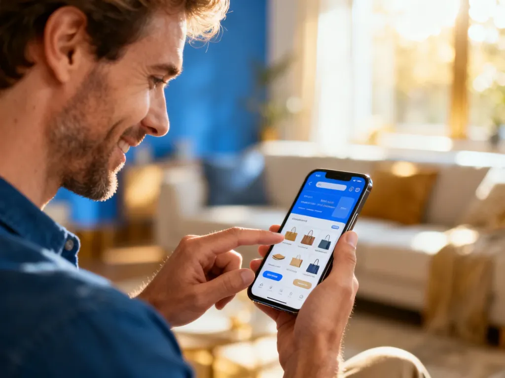 Mężczyzna robiący zakupy przez aplikację mobilną na smartfonie w przytulnym salonie.