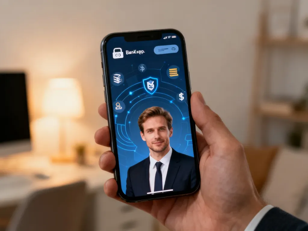 Mężczyzna korzystający z aplikacji bankowej na smartfonie w nowoczesnym biurze, ilustrujący bezpieczne zarządzanie finansami.