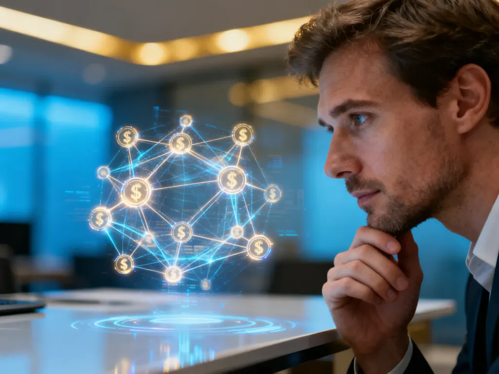 Mężczyzna analizujący hologram z danymi finansowymi, symbolizujący nowoczesną analizę wskaźników biznesowych.