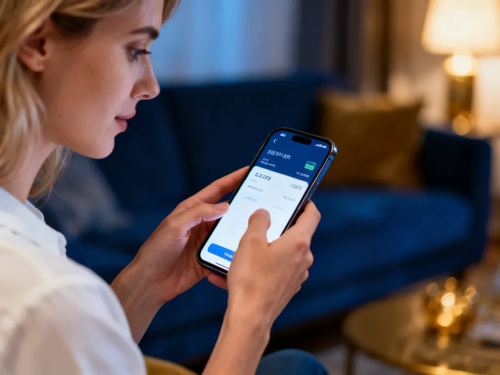 Kobieta dokonująca płatności online za pomocą smartfona w przytulnym wnętrzu.