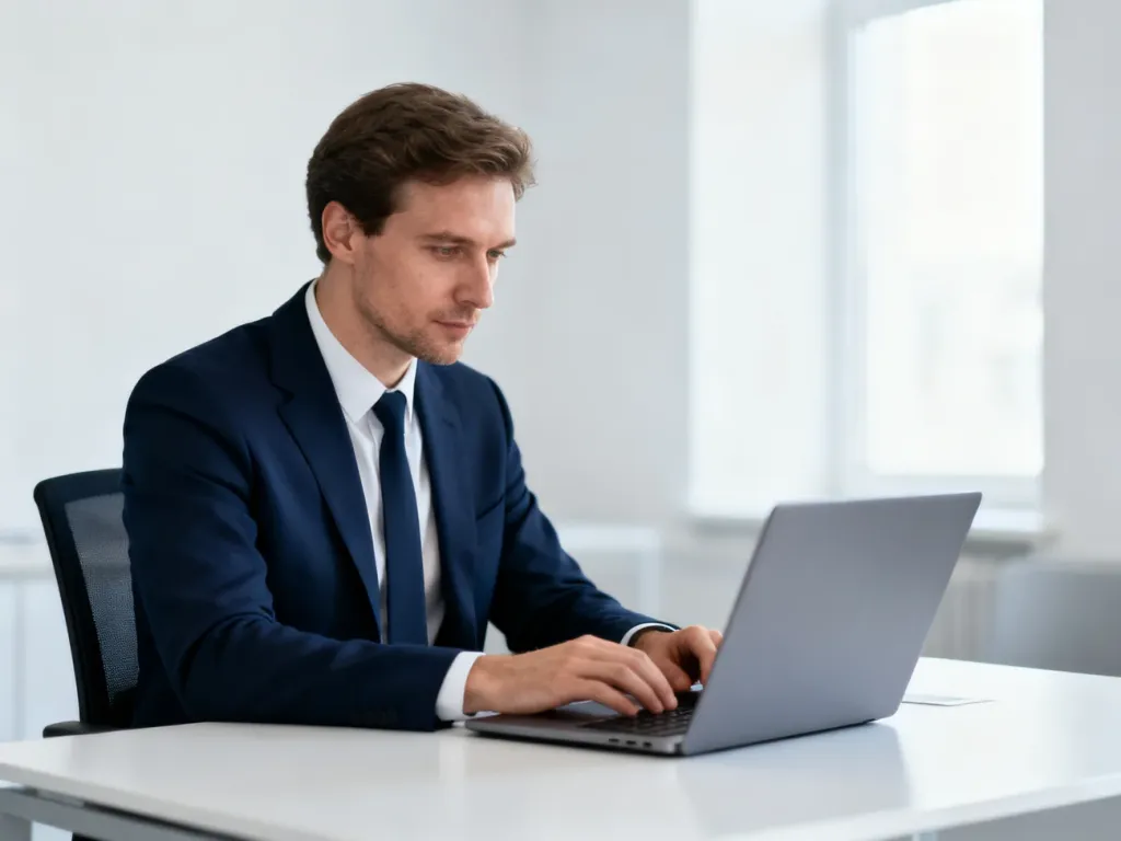 Profesjonalista pracujący przy laptopie w nowoczesnym biurze, skupiony na obsłudze panelu klienta w systemie wfirma.