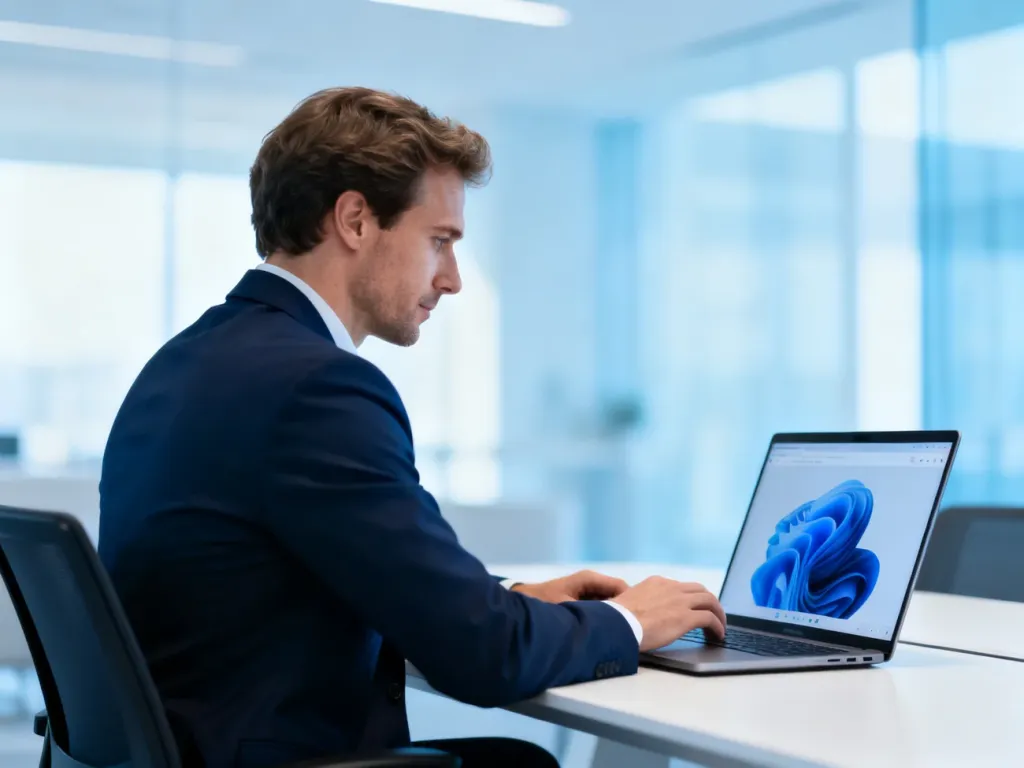 Pracownik korzystający z laptopa w nowoczesnym biurze, symbolizujący łatwy dostęp do systemu HRnest.