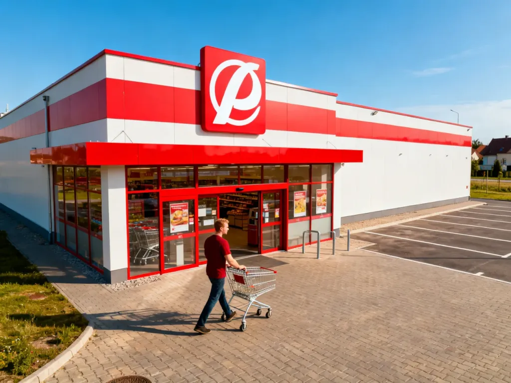 Klient wchodzący z wózkiem do nowoczesnego sklepu Dino z charakterystycznym czerwono-białym logo.