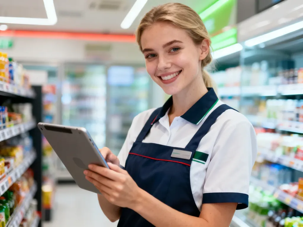 Uśmiechnięta pracownica w firmowym stroju trzyma tablet na tle wnętrza sklepu Żabka.