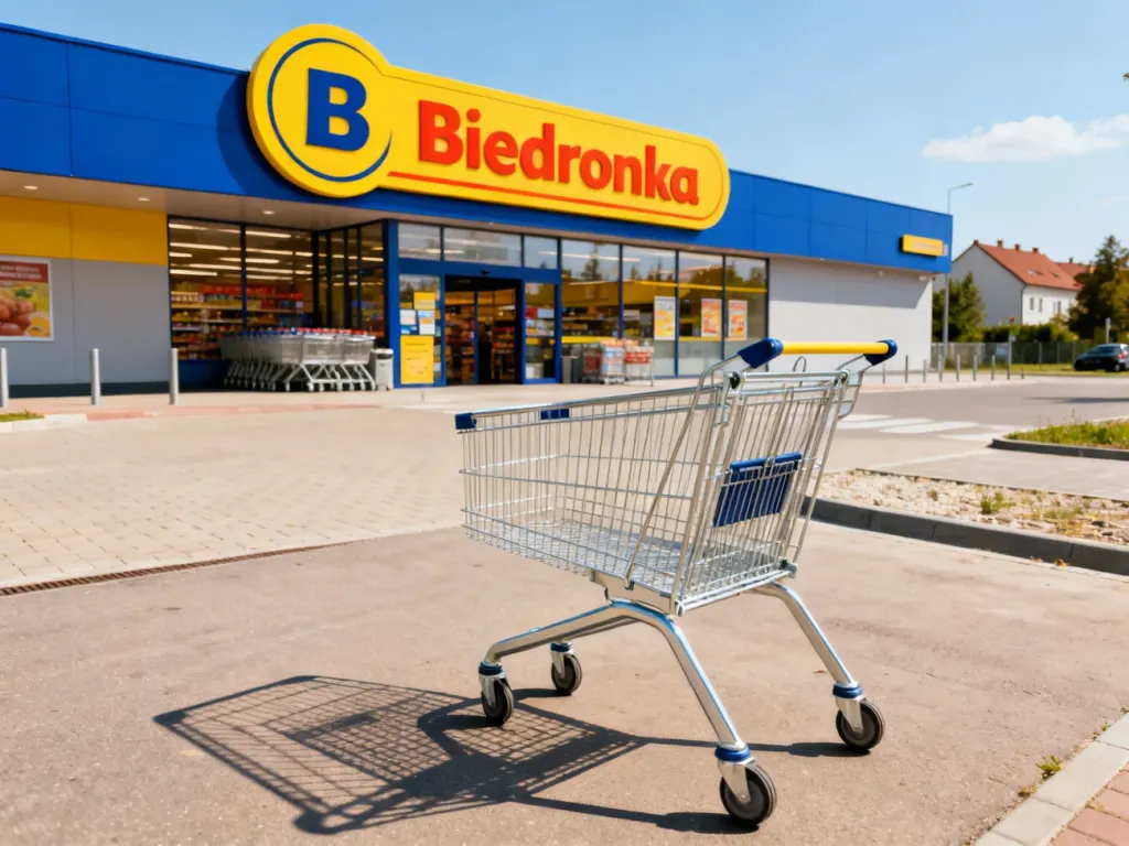 Nowoczesny budynek sklepu Biedronka z wózkiem sklepowym na pierwszym planie w słoneczny dzień.