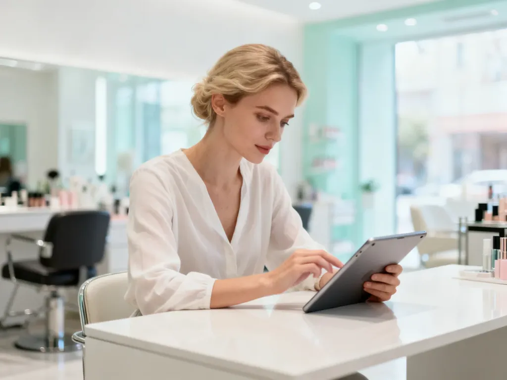 Kobieta korzystająca z tabletu w nowoczesnym salonie kosmetycznym, symbolizująca łatwe zarządzanie biznesem przez Booksy Biz.