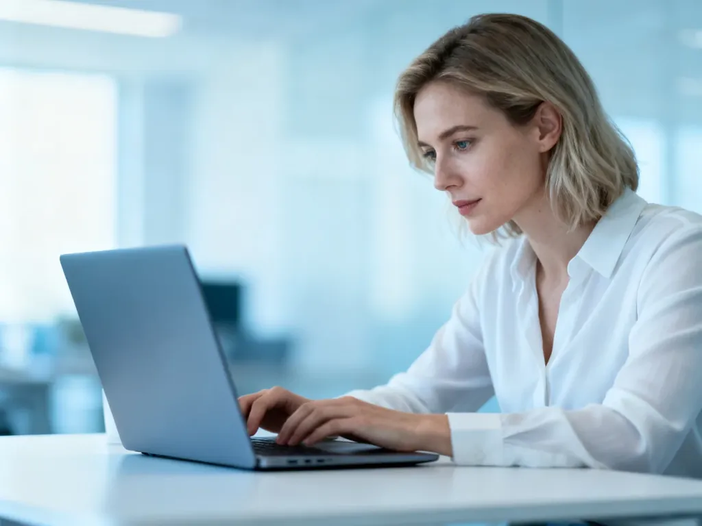Kobieta pracująca przy laptopie w nowoczesnym biurze, skupiona na obsłudze panelu klienta.