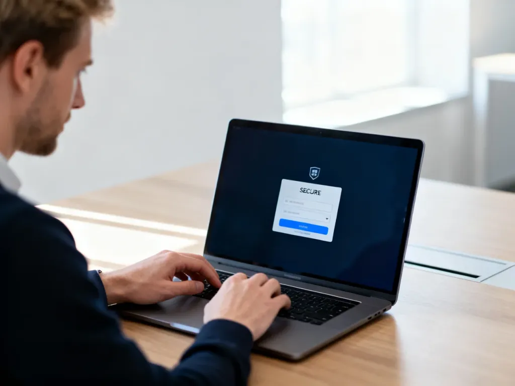Mężczyzna loguje się do platformy Wolters Kluwer na laptopie w nowoczesnym, jasnym biurze.