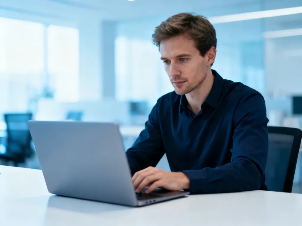 Mężczyzna skupiony na pracy przy laptopie w nowoczesnym biurze, ilustrujący proces logowania do systemu.