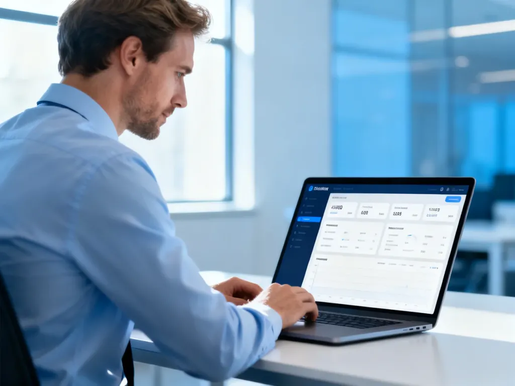 Profesjonalista pracujący przy laptopie w nowoczesnym biurze, obsługujący przejrzysty interfejs systemu informatycznego.