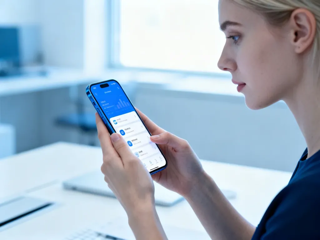 Kobieta korzystająca z aplikacji mobilnej na smartfonie w nowoczesnym biurze, ilustrująca proces logowania do konta.