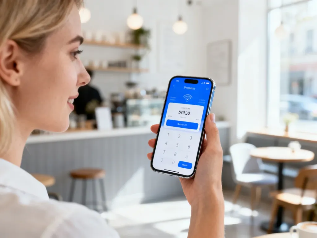 Kobieta trzymająca smartfon z otwartą aplikacją płatniczą w przytulnej kawiarni, ilustrująca nowoczesne płatności mobilne.