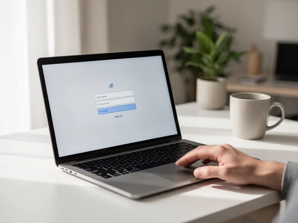 Osoba loguje się na laptopie do konta Eksmoon w jasnym, minimalistycznym domowym biurze.