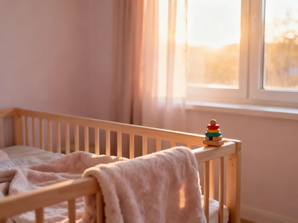 Przytulny, minimalistyczny pokój dziecięcy z drewnianym łóżeczkiem w promieniach porannego słońca.