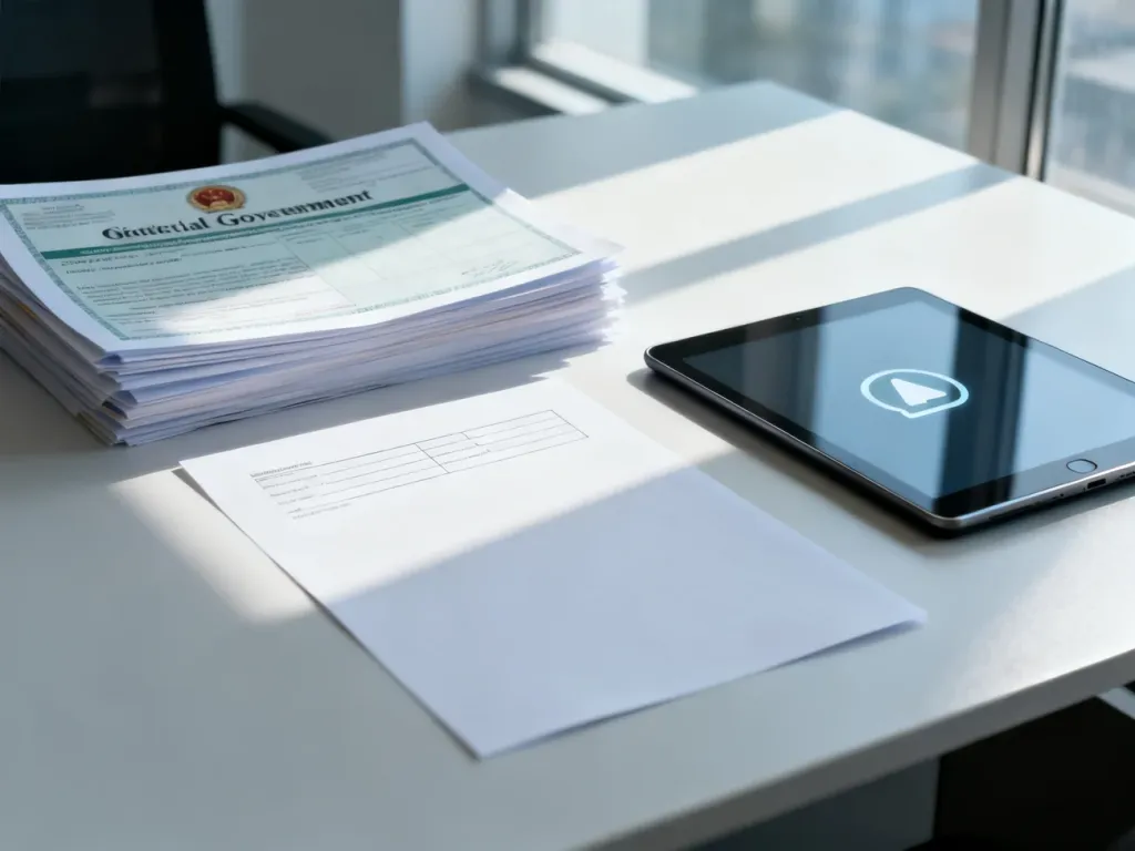 Stos dokumentów urzędowych oraz tablet z powiadomieniem na biurku, symbolizujące proces weryfikacji wniosku w ZUS.