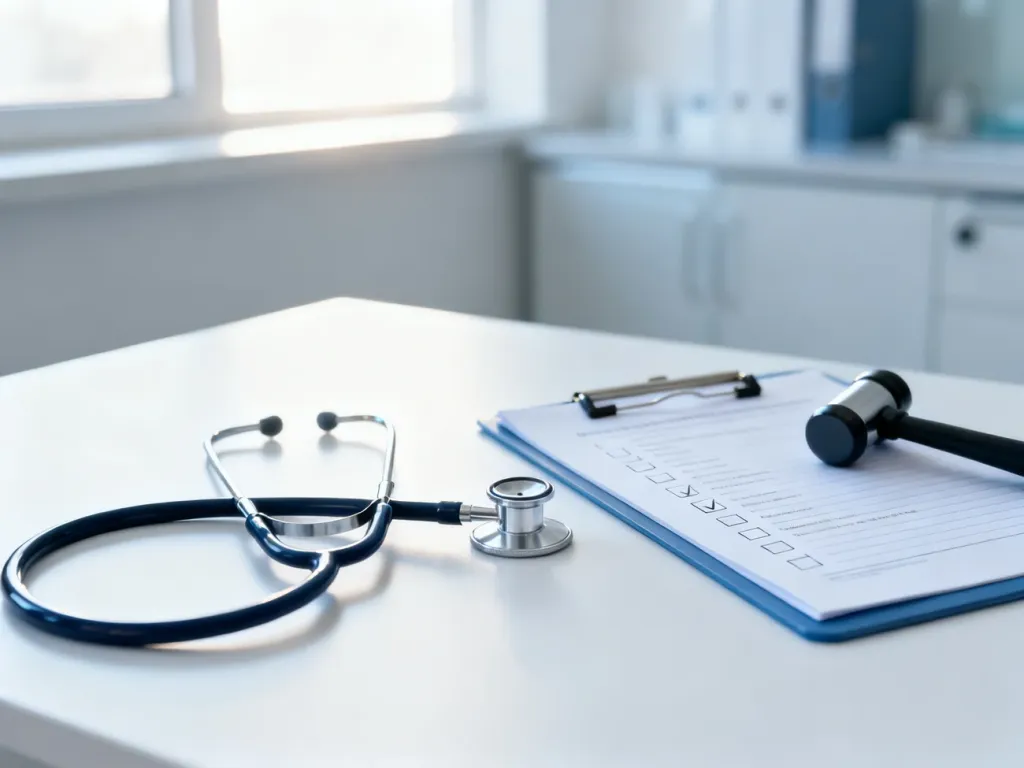 Nowoczesny gabinet lekarski z przyrządami diagnostycznymi, przygotowany do przeprowadzenia badań wstępnych pracownika.